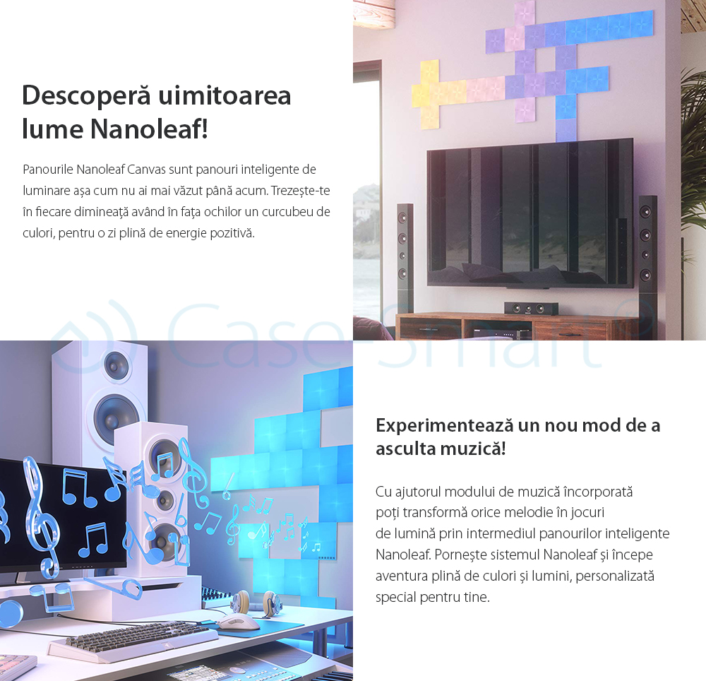 Kit 9 Panouri luminoase inteligente Nanoleaf Canvas cu senzor muzica, LED RGBW, Wi-Fi, Control tactil, Control de pe telefonul mobil